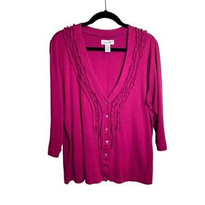 Caribbean Joe Women Blouse Red Cranberry Ruffle Detail Size Large V Neck Button